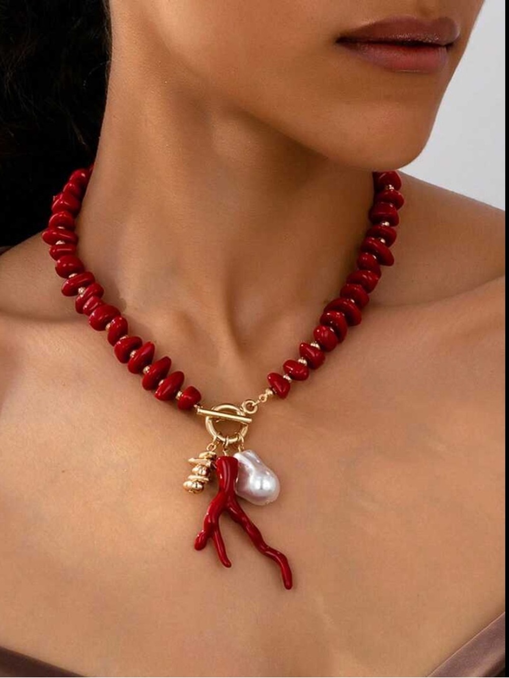 Coral Bead Necklace with Gold Toggle and Pearl Charm